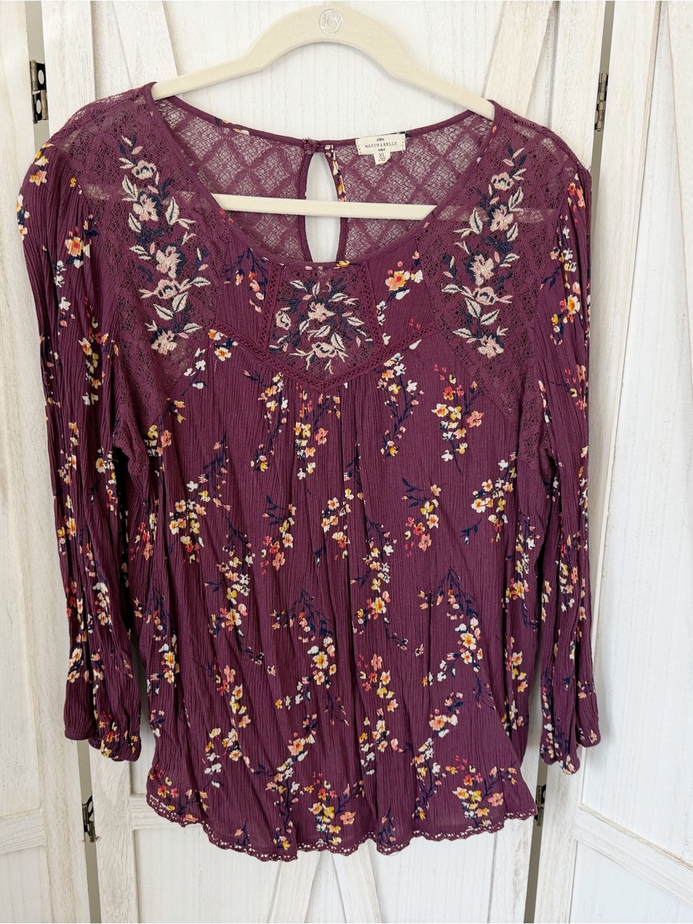 Mason Belle Stitchfix Floral Lace Yoke Long Sleeve Top - Wine Burgundy XL